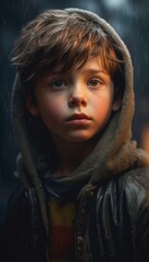 Photo of a young boy wearing a hooded jacket making direct eye contact with the camera .generative ai