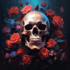 Wall Mural - Skull and roses. Digital art. Generative AI.