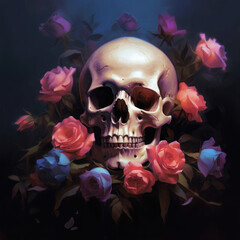 Wall Mural - Skull and roses. Digital art. Generative AI.