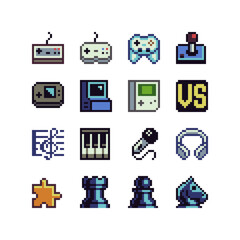 Poster - 8 bit desk computer games sport toys icons. Design for logo game, sticker, web, mobile app, badges and patches. Isolated pixel art vector illustration. Game assets.