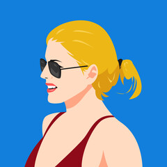 Wall Mural - portrait of ponytailed blonde woman in bikini and sunglasses. side view. summer concept, beach. suitable for avatar, social media profile, print, etc. vector flat graphic.