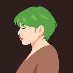 Wall Mural - portrait of girl with green short cut hairstyle, bixie, bob pixie. side view. suitable for avatar, social media profile, print, etc. flat vector graphic.