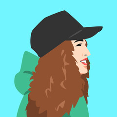 Wall Mural - portrait of a cheerful woman wearing a black baseball cap with curly brown hair and wearing a sweater. suitable for avatar, social media profile, print, etc. vector flat graphic.
