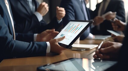 Poster - business people working on tablet computer with marketing plan and business graph analysis