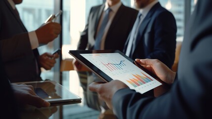 Poster - business people working on tablet computer with marketing plan and business graph analysis