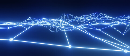 Abstract 3D glowing blue wireframe structure, virtual connection network digital technology, science concept, big data visualization on black background