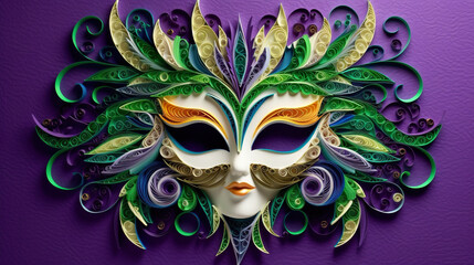 Wall Mural - A paper mask with green, yellow, and purple feathers. Generative AI.