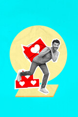 Aufkleber - Photo collage artwork of excited funky guy holding back carrying heart like sign isolated teal color background