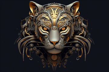 Wall Mural - A close up of a tiger's head with gears on it. Generative AI.