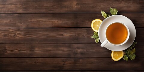Wall Mural - Refreshing and healthy summer drink. Iced tea with fresh lemon on wooden table, freshness and organic goodness in glass cup with copy space for your designs