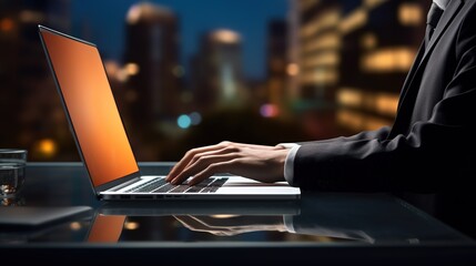 Poster - person working on laptop in the city, generative ai