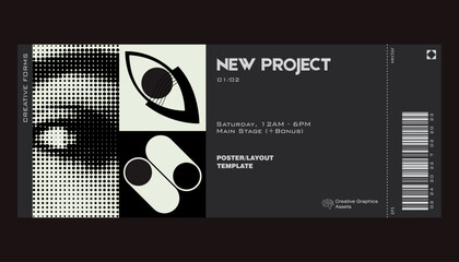 Poster - Modern exhibition ticket template layout made with abstract vector geometric shapes. Brutalism inspired graphics. Great for branding presentation, poster, cover, art, tickets, prints, etc.