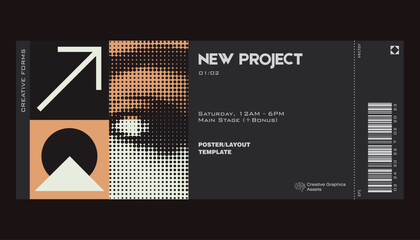 Wall Mural - Modern exhibition ticket template layout made with abstract vector geometric shapes. Brutalism inspired graphics. Great for branding presentation, poster, cover, art, tickets, prints, etc.