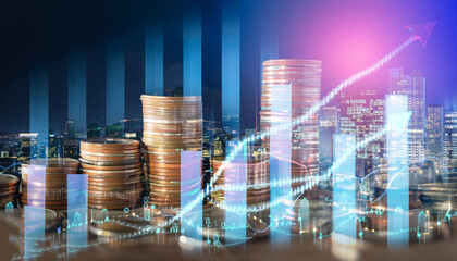 Financial investment concept, Double exposure of city night and stack of coins for finance investor, Forex trading candlestick chart economic , ECN Digital economy, technology, Industry.