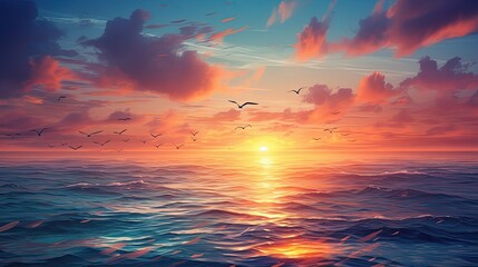 Wall Mural - Morning Sunrise over the Sea with Birds Flying in Blue Sky: Generative AI