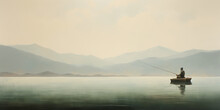 Lone Fisherman On A Boat At The Lake. Minimalistic Oil Painting. Generative AI Illustration.
