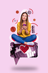 Sticker - Vertical collage of mini minded girl use smart phone sit big like notification disco ball basketball jenga bricks isolated on purple background