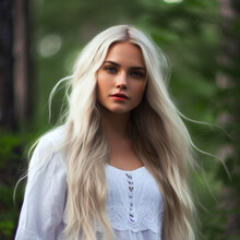 Portrait Of Beautiful Young Woman With Long White Hair In The Forest. Portrait Of An Attractive Young Woman In The Woods With Long White Hair Made With AI Generative Technology