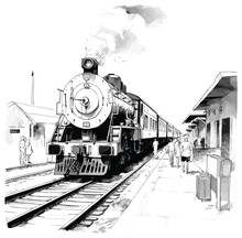 Black And White Illustration Of A Train Arrived At The Station.
