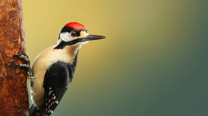 Woodpecker Looking at the Camera. Solid color background with empty space for text. Web Banner template. Generative AI