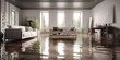 house flooding insurance coverage claim for modern homes and apartments. concept of disaster accident water overflow wet floor in Livingroom. generative ai