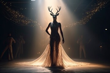 Illustration of a deer wearing a dress like a model walks down the fashion runway or catwalk. The stage lights are focused on it. Generative Ai.