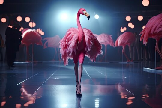  Illustration of a flamingo wearing a dress like a model walks down the fashion runway or catwalk. The stage lights are focused on it. Generative Ai.