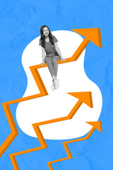 Poster - Creative magazine collage image of happy smiling lady sitting growing up skills arrows isolated colorful background
