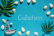 Turquoise Summer Flat Lay, Boat And Shells, Text Gutschein Means Voucher