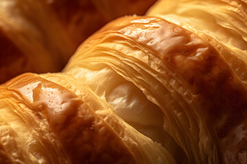 a macro image of a texture of puff pastry making a french butter croissant. Generative AI technology