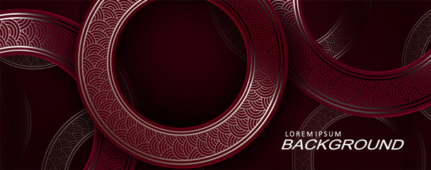 Wall Mural - Dark red design, round frames with golden border.