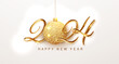 2024 golden numbers with gold glitter ball on white background. Happy new year and merry christmas banner.