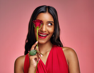 Sticker - Excited, beauty and face of a woman with a rose on a studio background for valentines day. Makeup, model and happy young Indian girl with a flower in hand for romance or love on pink backdrop