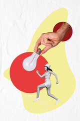 Poster - Vertical creative collage image of energetic funny young girl running hand hold big electric bulb genius idea start up business science