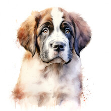 St Bernard Puppy On A White Background. Cute Digital Watercolour For Dog Lovers.