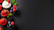 Set Of Chocolate Mini Cupcakes Decorated With Fresh Strawberry, Blackberry And Blueberry On Black Background, Flat Lay. Stylish Cupcakes Background, Copy Space, Top View. AI