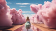 © Keitma - Girl is walking through light pink smoke on the road, in the style of surrealistic landscape