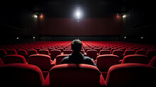 One Lonely Person In A Theater On Red Seat Watching In Front , Back View