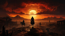 Western Landscape With Silhouette Of A Lonely Cowboy Riding A Horse In Beautiful Midwest Scenery