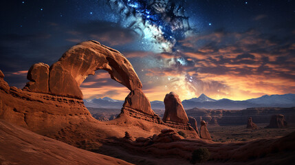 Wall Mural - illustration of mystical portal in the desert with dunes, milky way in the sky.generative ai content