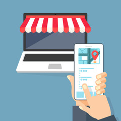 Fototapete - Concetto di negozio online con laptop aperto. Illustrazione auto, carta di credito, hacker, mappa