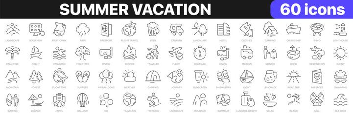 summer vacation line icons collection. travel, trip, camping, nature icons. ui icon set. thin outlin