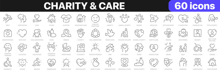 Aufkleber - Charity and care line icons collection. Positive, donation, organization, donor icons. UI icon set. Thin outline icons pack. Vector illustration EPS10