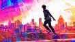 Digital art depicting a cityscape with men engaging in parkour, showcasing their athletic prowess and agility as they navigate the urban environment with daring acrobatic moves. Generative Ai