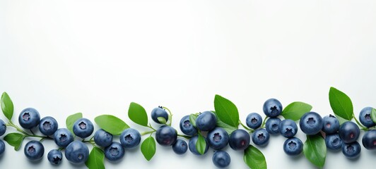 Wall Mural - Food photography - Summer fruits blueberry - Closeup of ripe blueberries branches with leaves, isolated on white background, top view (Generative Ai)