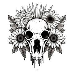 Wall Mural - A skull surrounded by sunflowers and leaves. Generative AI.