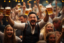 A Group Of People Holding Up Beer Glasses. Generative AI. People Celebrating Oktoberfest, Beer Festival.