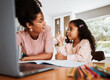 © Mumtaaz Dharsey/peopleimages.com - Math homework, mother and child with a laptop, counting and studying together in a house. Happy, talking and a little girl with an answer for education with a mom and a pc for elearning and knowledge