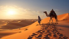 Lonely Man With His Camel Walking Thru The Dunes. Generative AI