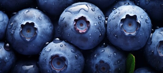 Wall Mural - Food photography background texture pattern - Summer fruits blueberry - Closeup of ripe blueberries branches with water drops, top view (Generative Ai)
